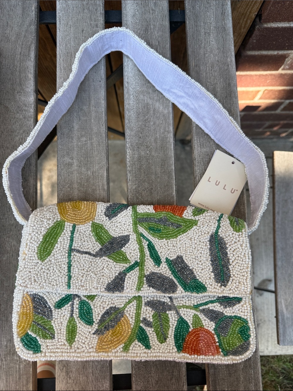 Lulu Beaded Floral Crossbody Bag - White with Green & Yellow Accents